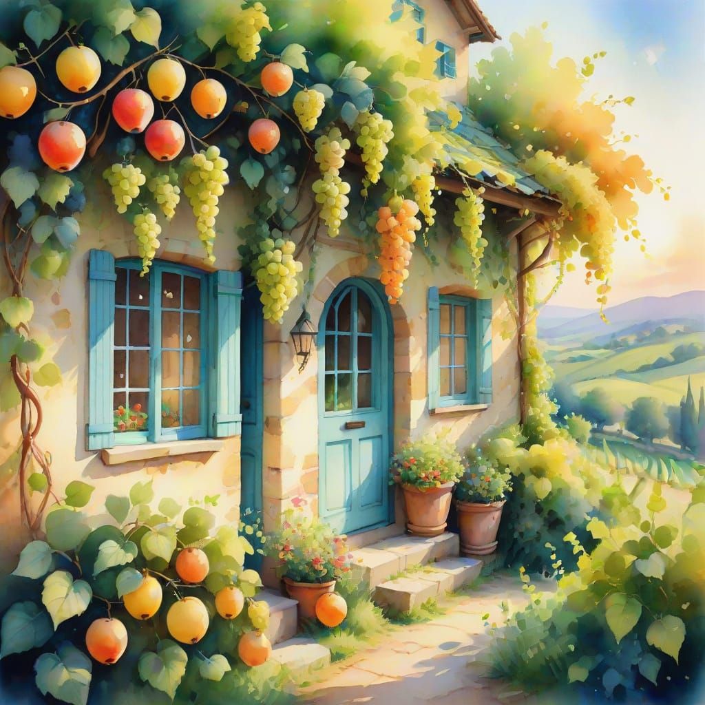 Idyllic Watercolor Cottage Amidst Vibrant Vineyard