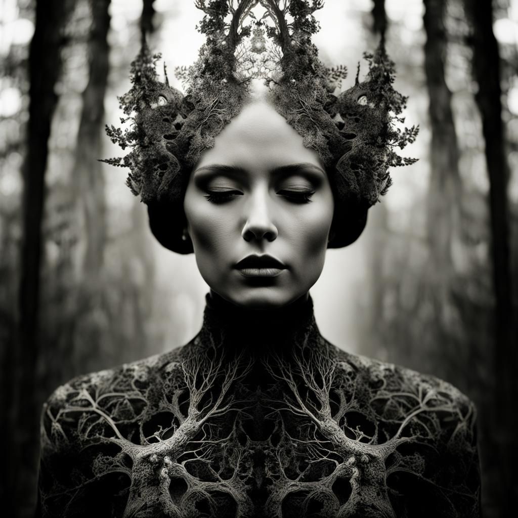 Monochromatic Fractal Forest Double Exposure