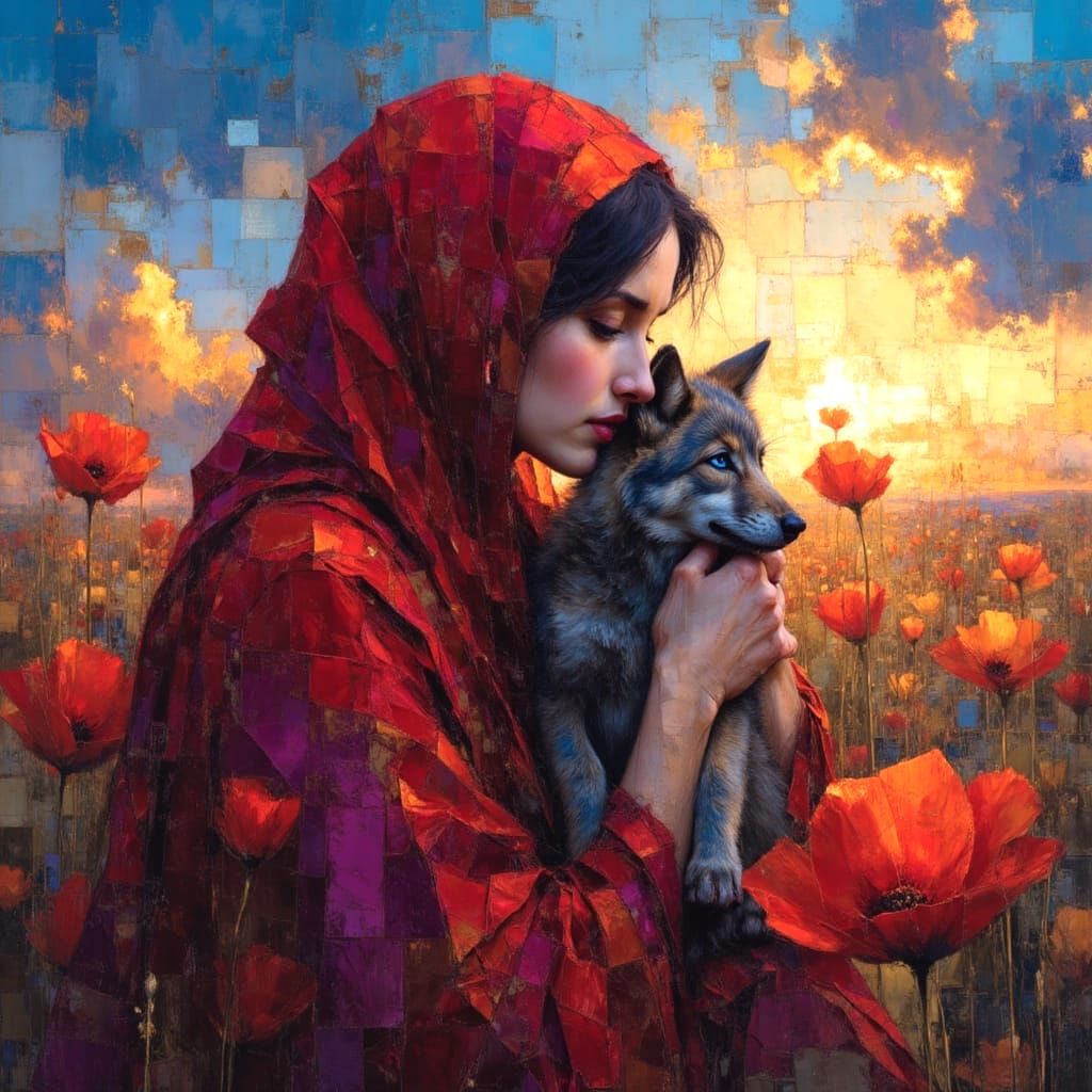 Bedouin Woman and Wolf Pup in Oil Painting Style