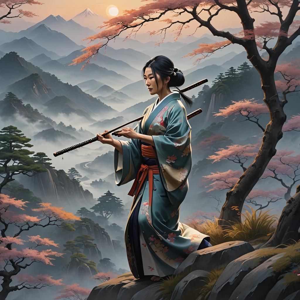 Unohana Plays Shamisen in Misty Japanese Landscape