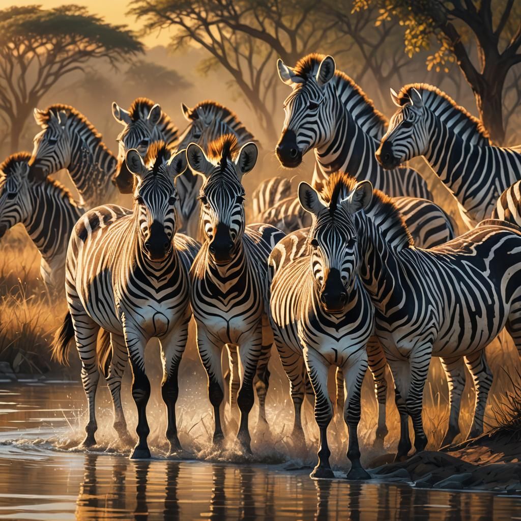 Zebras at Sunset on the African Savanna