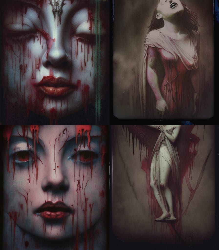 Creepy Horror Girl Crying Blood in Art Nouveau Style