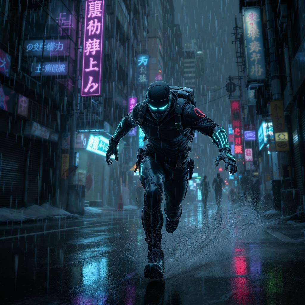 Cyberpunk Hacker Running in Virtual Reality City