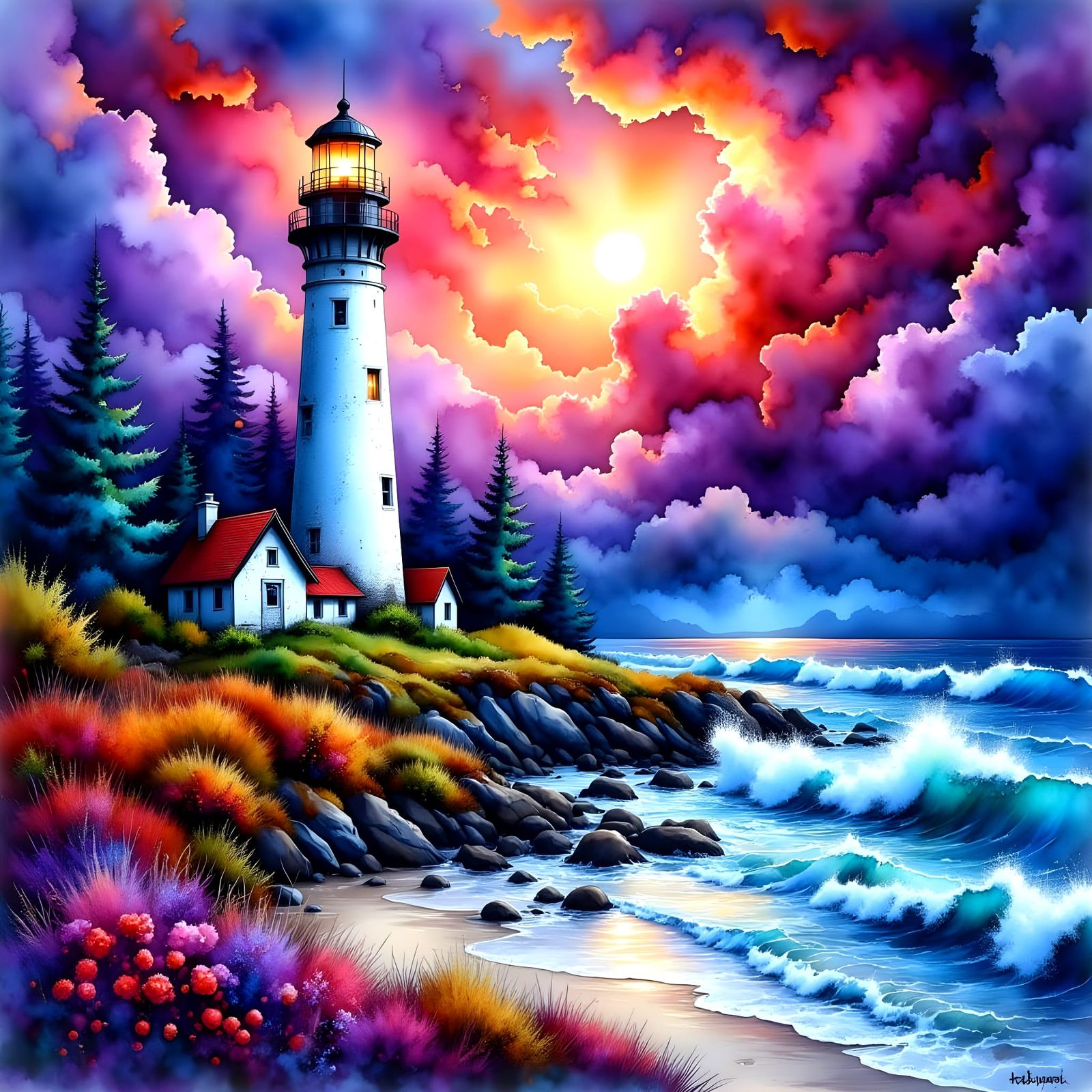 Surreal Stormy Seascape with Epic White Lighthouse in Dramat...