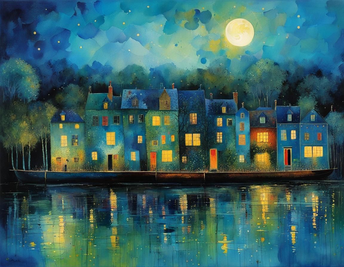 Blue Bayou by Moonlight: Whimsical Patchwork Illustration