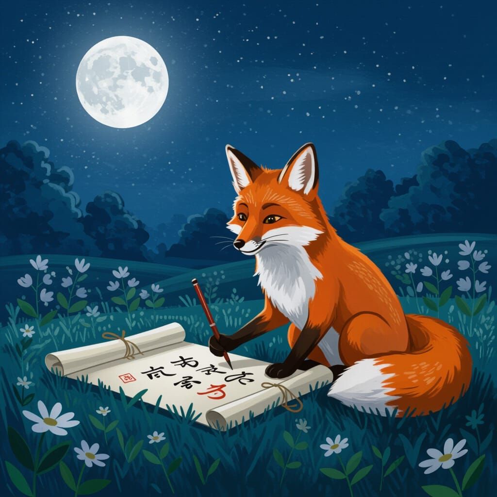 Fox Practices Calligraphy in Moonlit Meadow