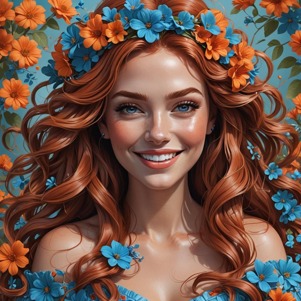 Auburn-Haired Girl with Flowers, as Digital Art