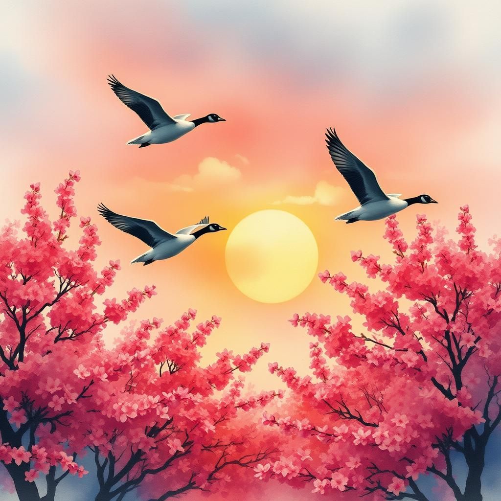 Geese in Watercolor Flight Over Cherry Blossoms