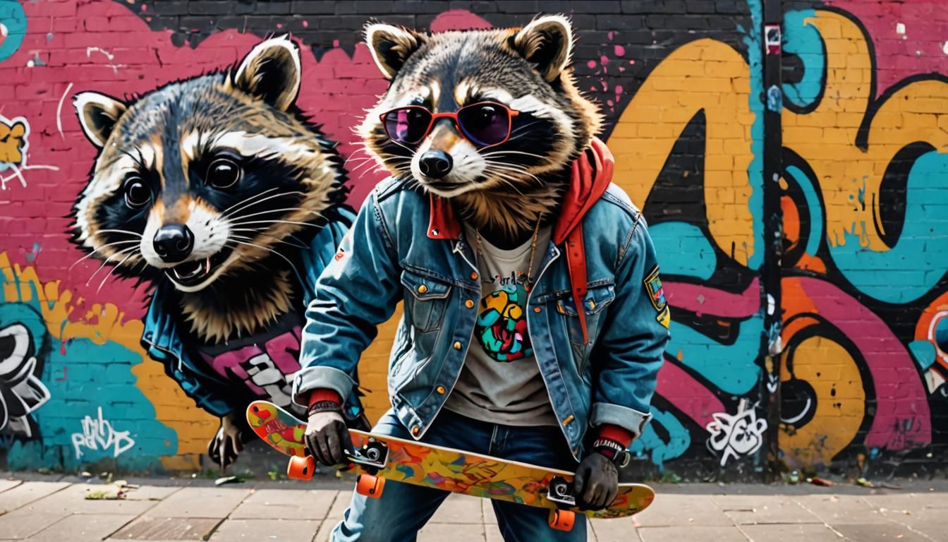 Stylish Raccoon Skateboarding in Urban Alley: Street Art