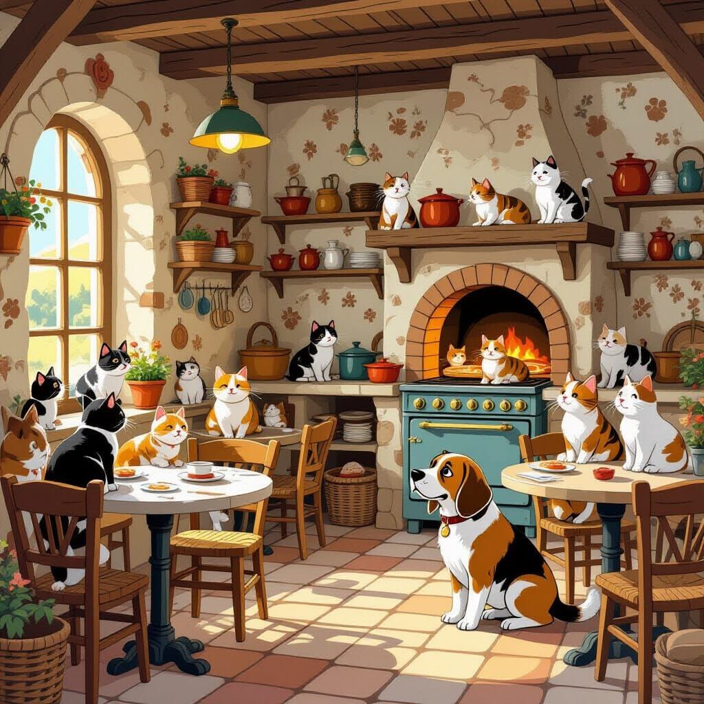 Cats Take Over Pizzeria, Dog Looks Shocked in Storybook Styl...