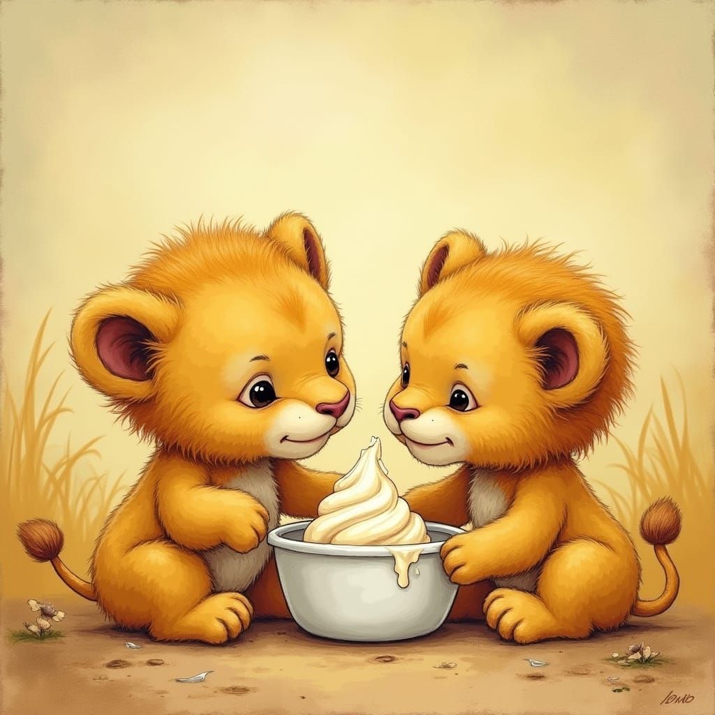 Adorable Lion Cubs Enjoy Creamy Treats in Sunny Savannah