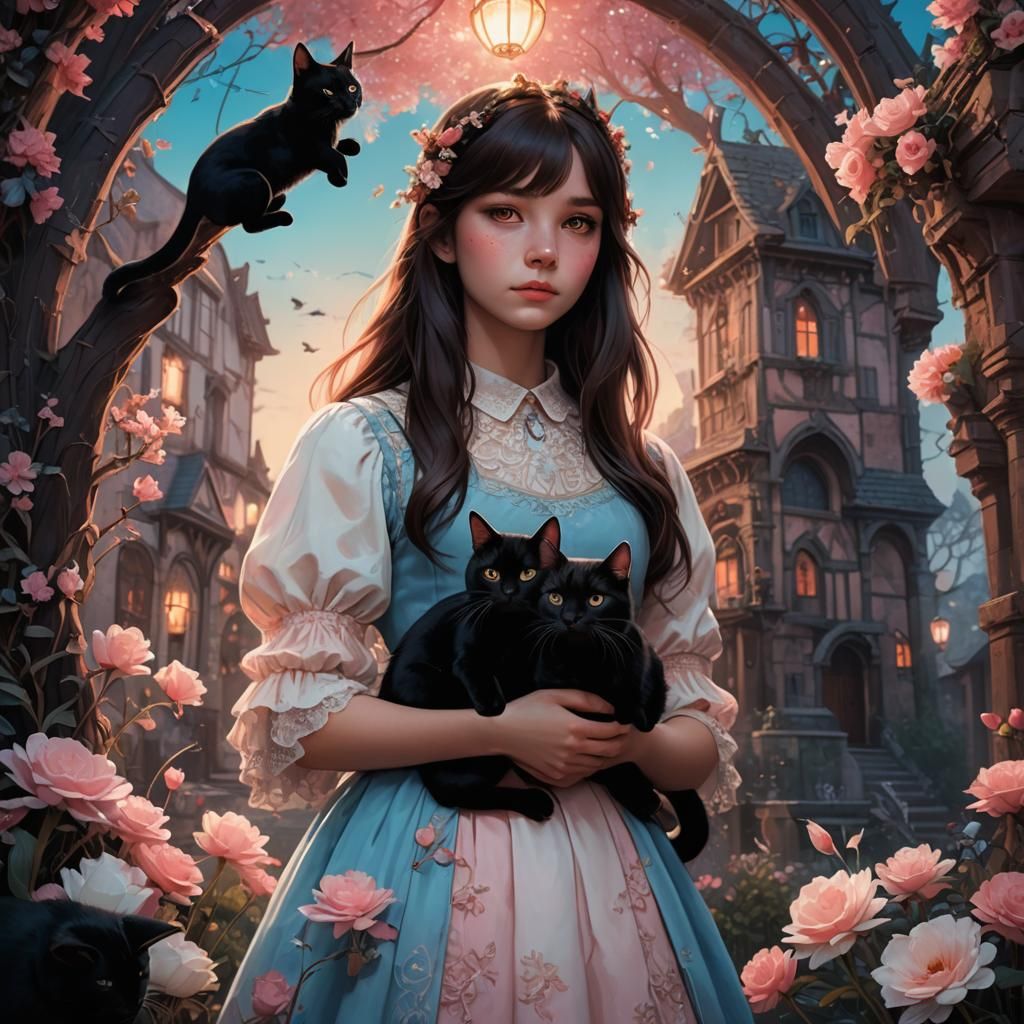 Fantasy Girls with Cat and Rabbit: Digital Matte Painting