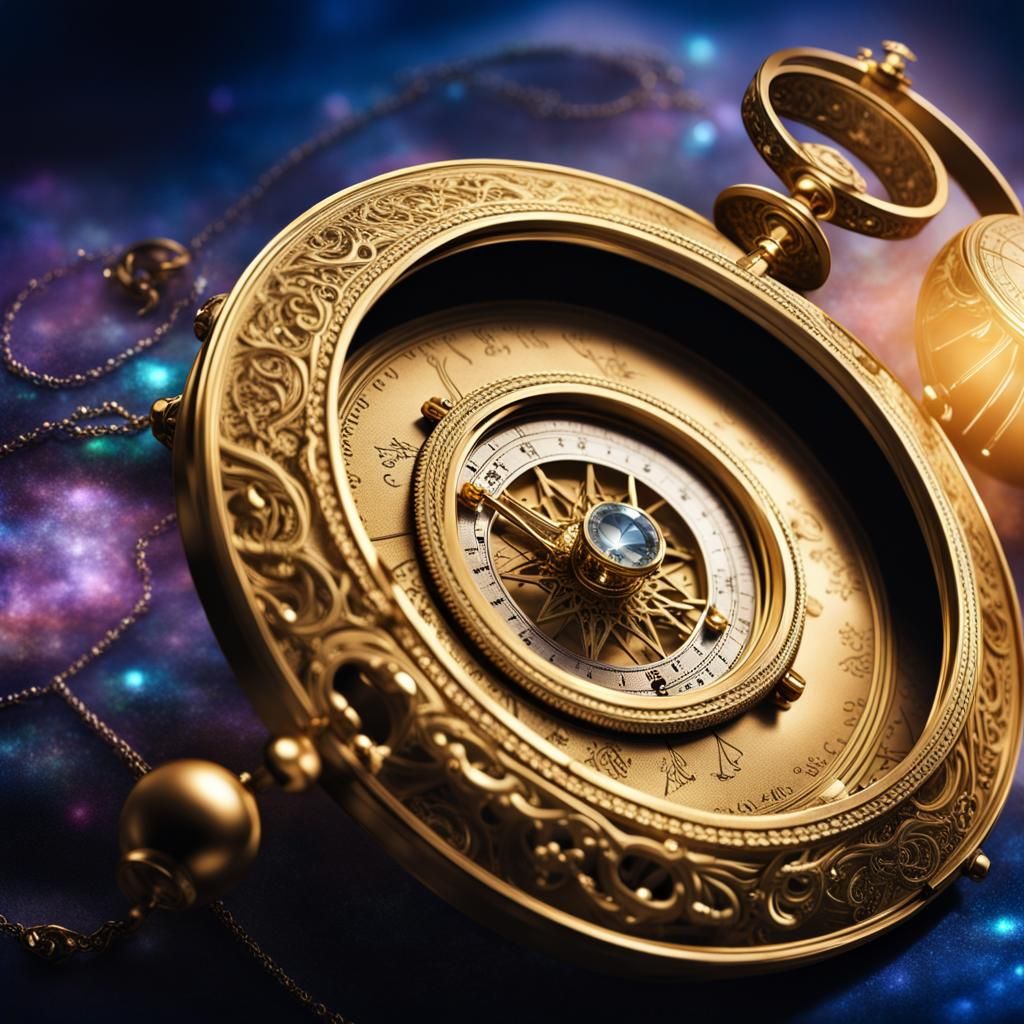 Golden Compass and Astrolabe Under Aurora Borealis