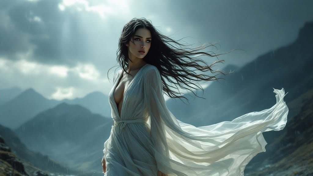 Serene Woman in Mountain Landscape, Rutkowski Style