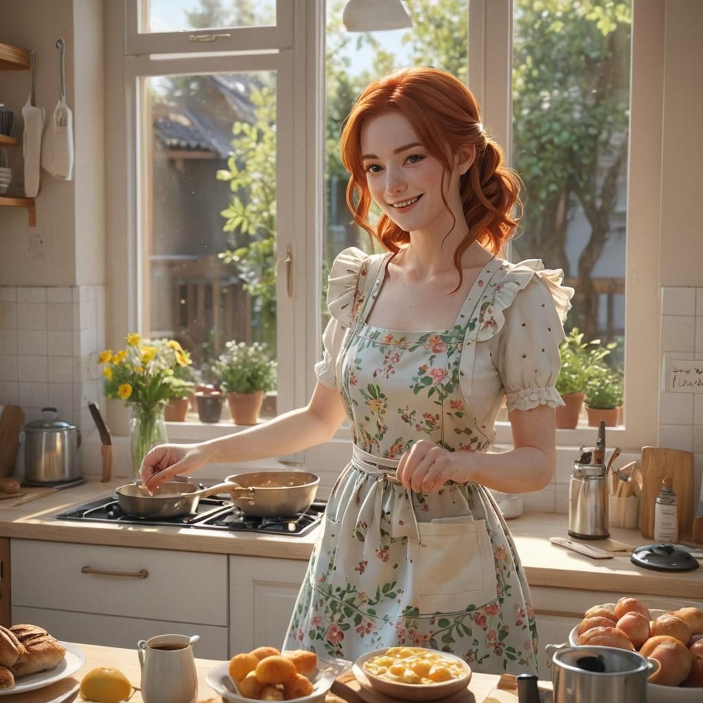 Smiling Redhead Woman Cooking: 3D Anime Art