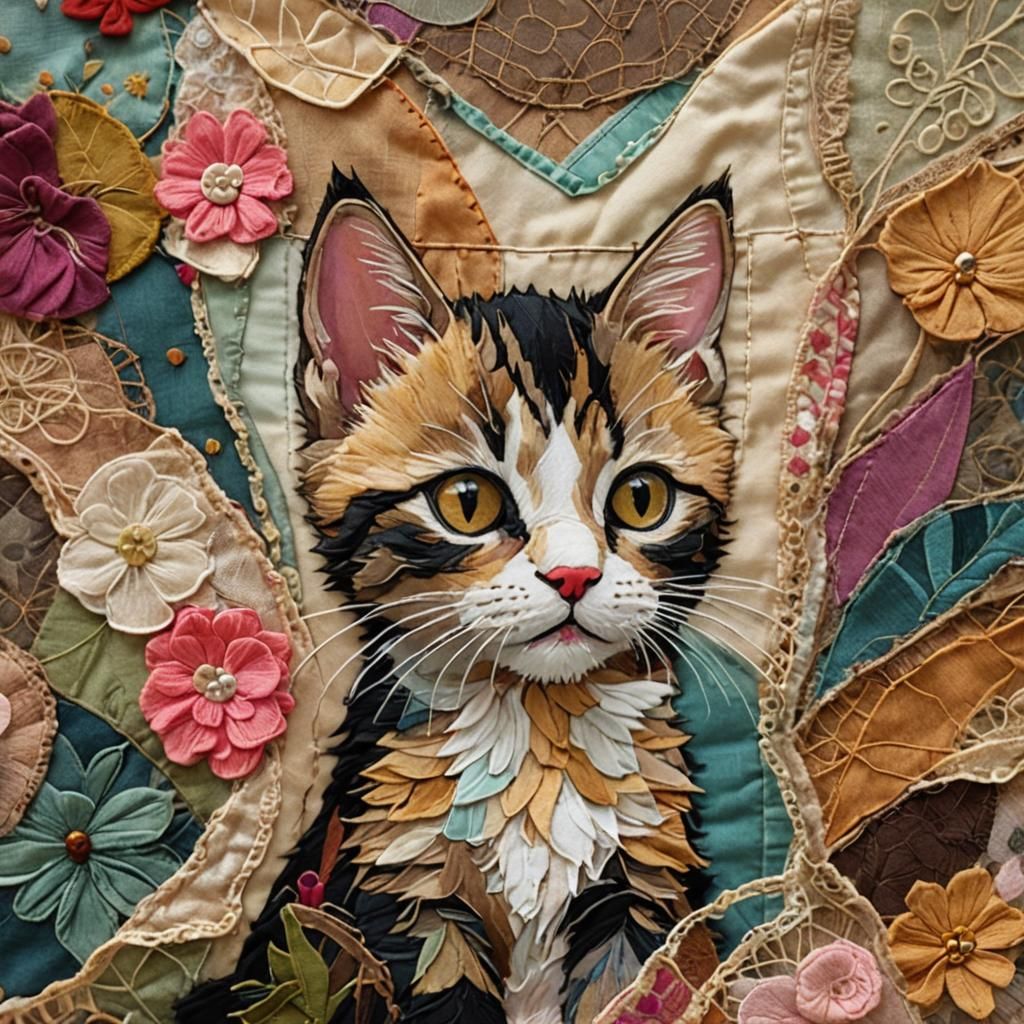 Colorful Fabric Kitten Portrait in Textile Art