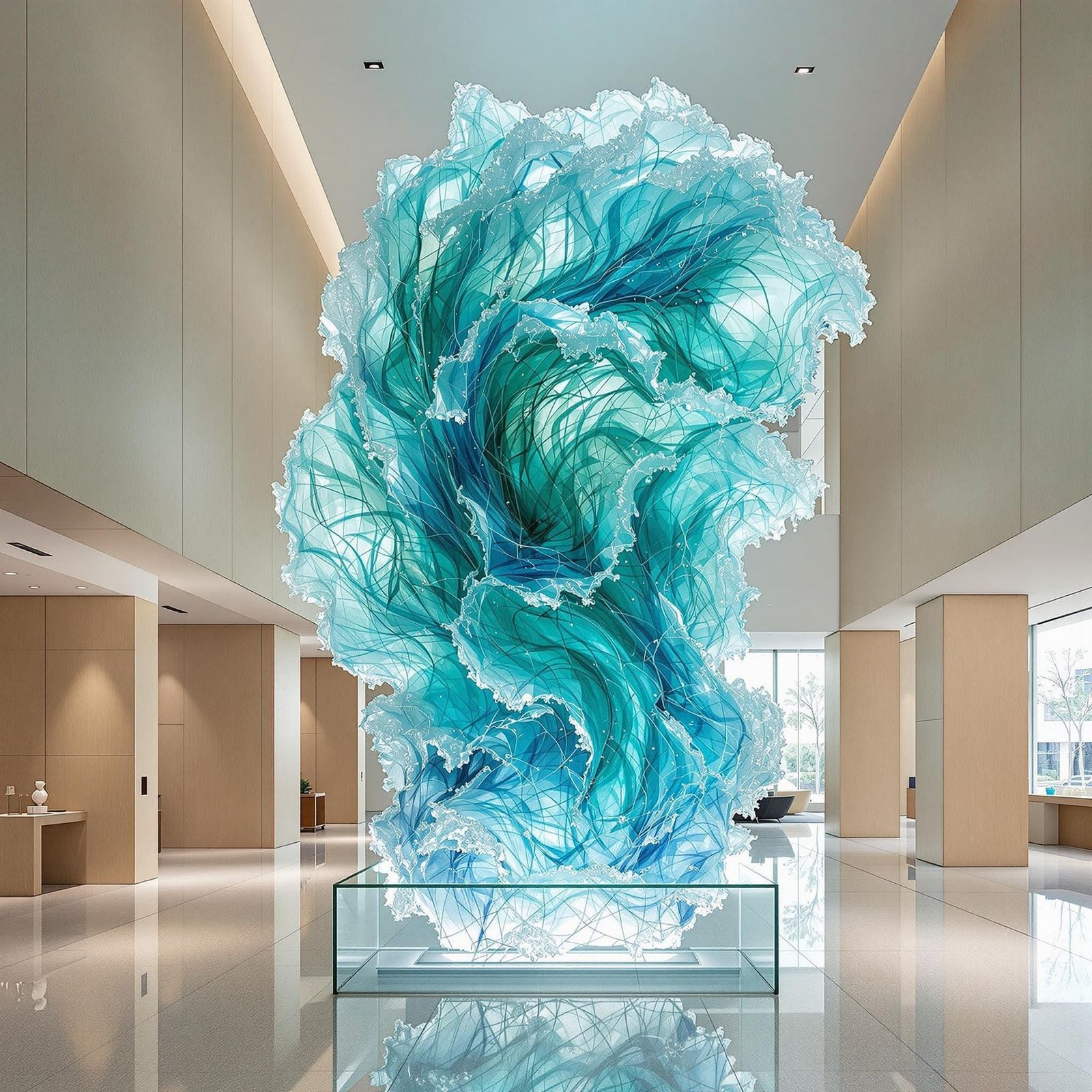 Undulating Glass Wave Sculpture in Turquoise and Blue