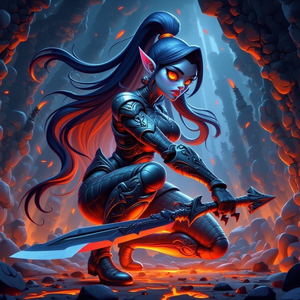 Elf Warrior in Shadowy Cavern with Energy Sword