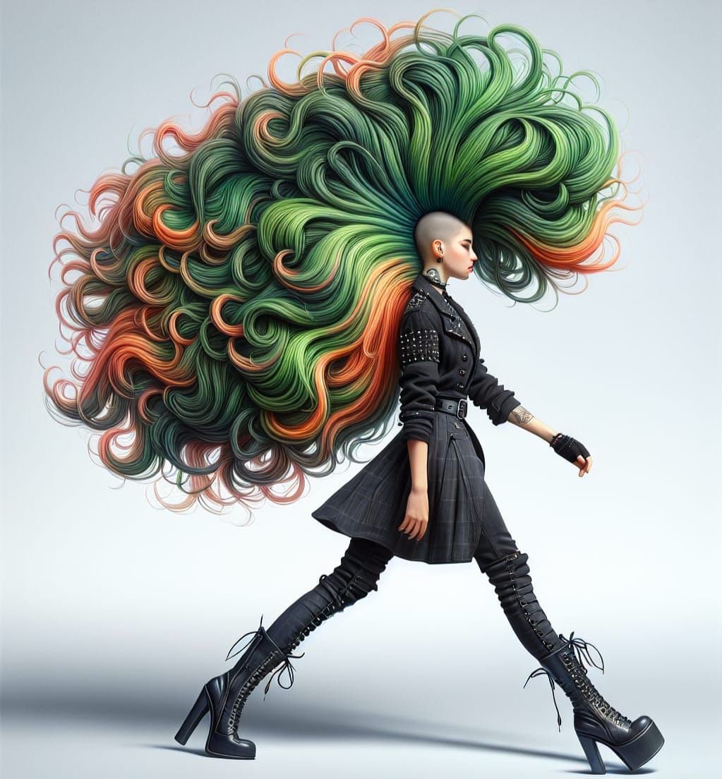 Punk Girl with Voluminous Green and Orange Hairstyle