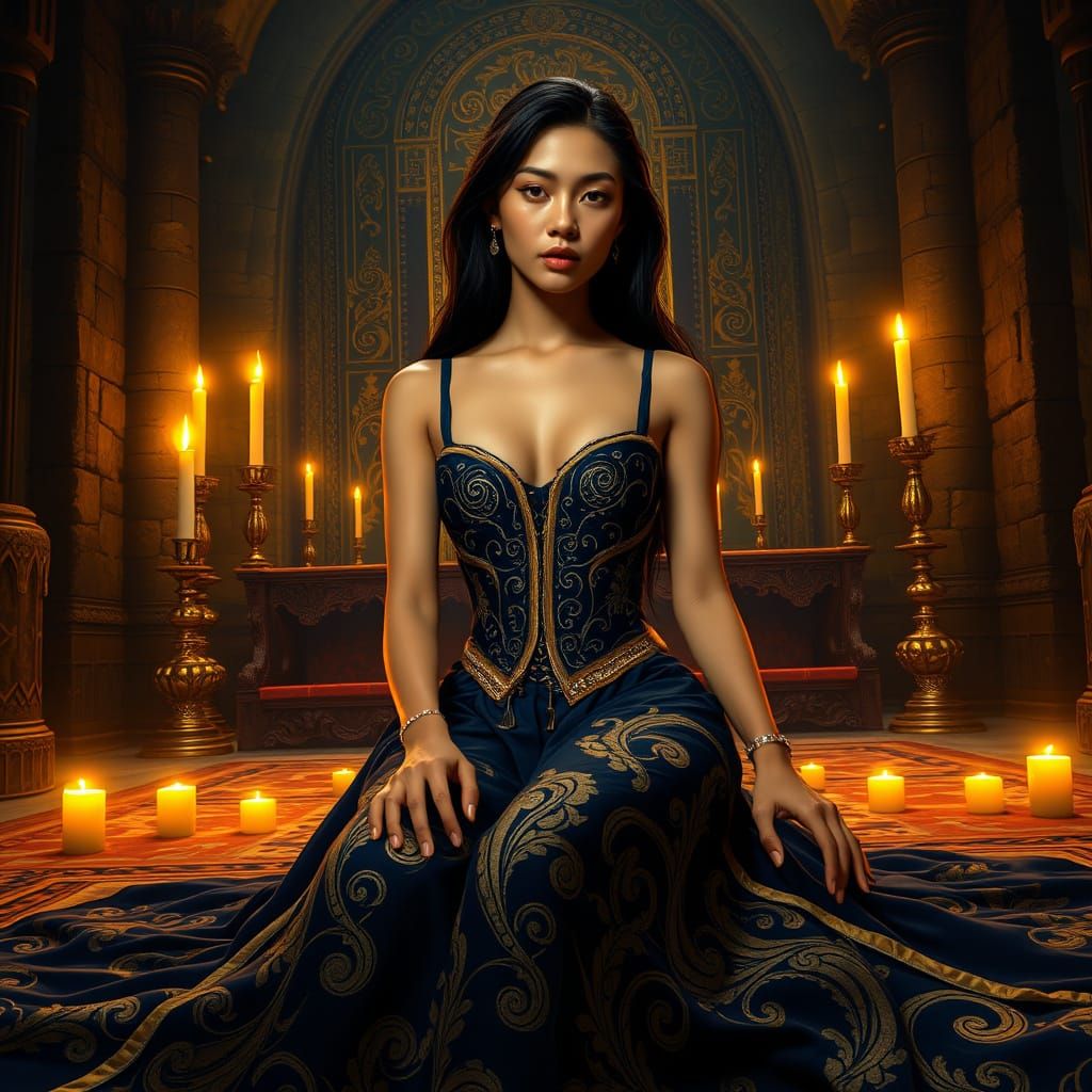 Elegant Tibetan Goddess in Ancient, Candlelit Chamber