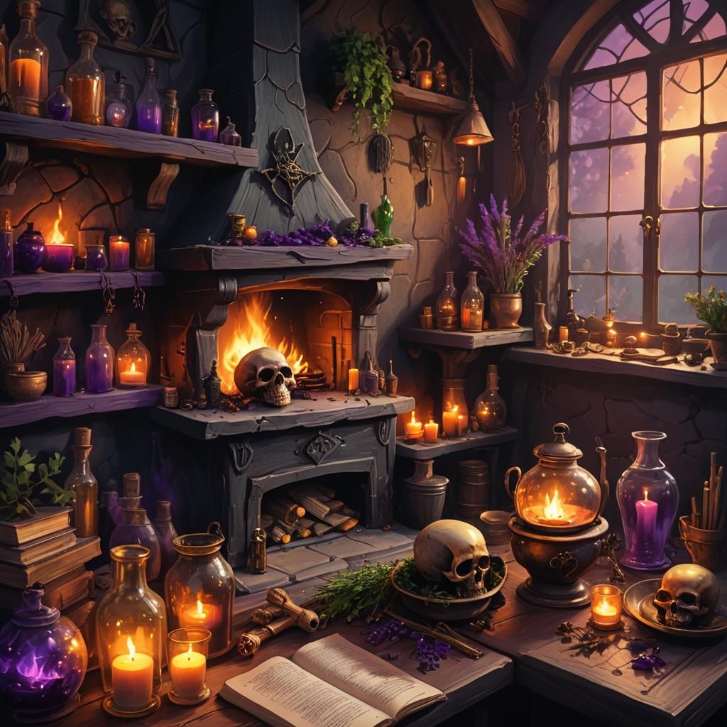 Mystical Witch Hut Interior in Dark Fantasy Style