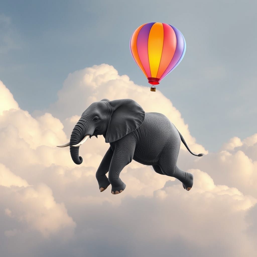 Surrealist Elephant Soars on Vibrant Hot Air Balloon