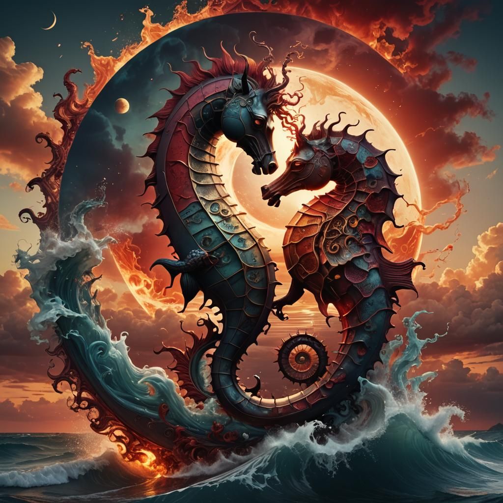 Yin Yang Seahorses in Double Exposure Surrealism
