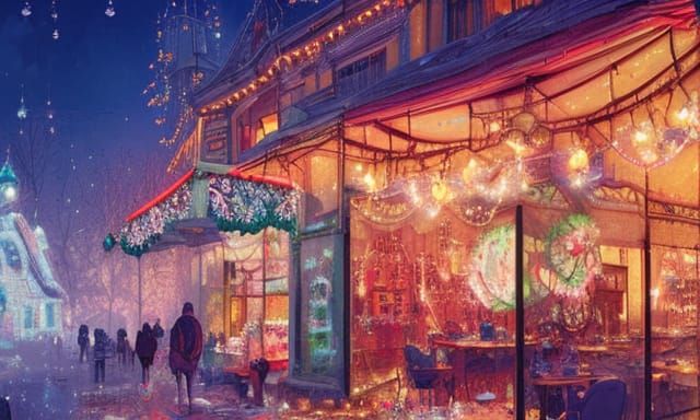 Christmas Cafe Exterior in Hyperdetailed Fantasy Style