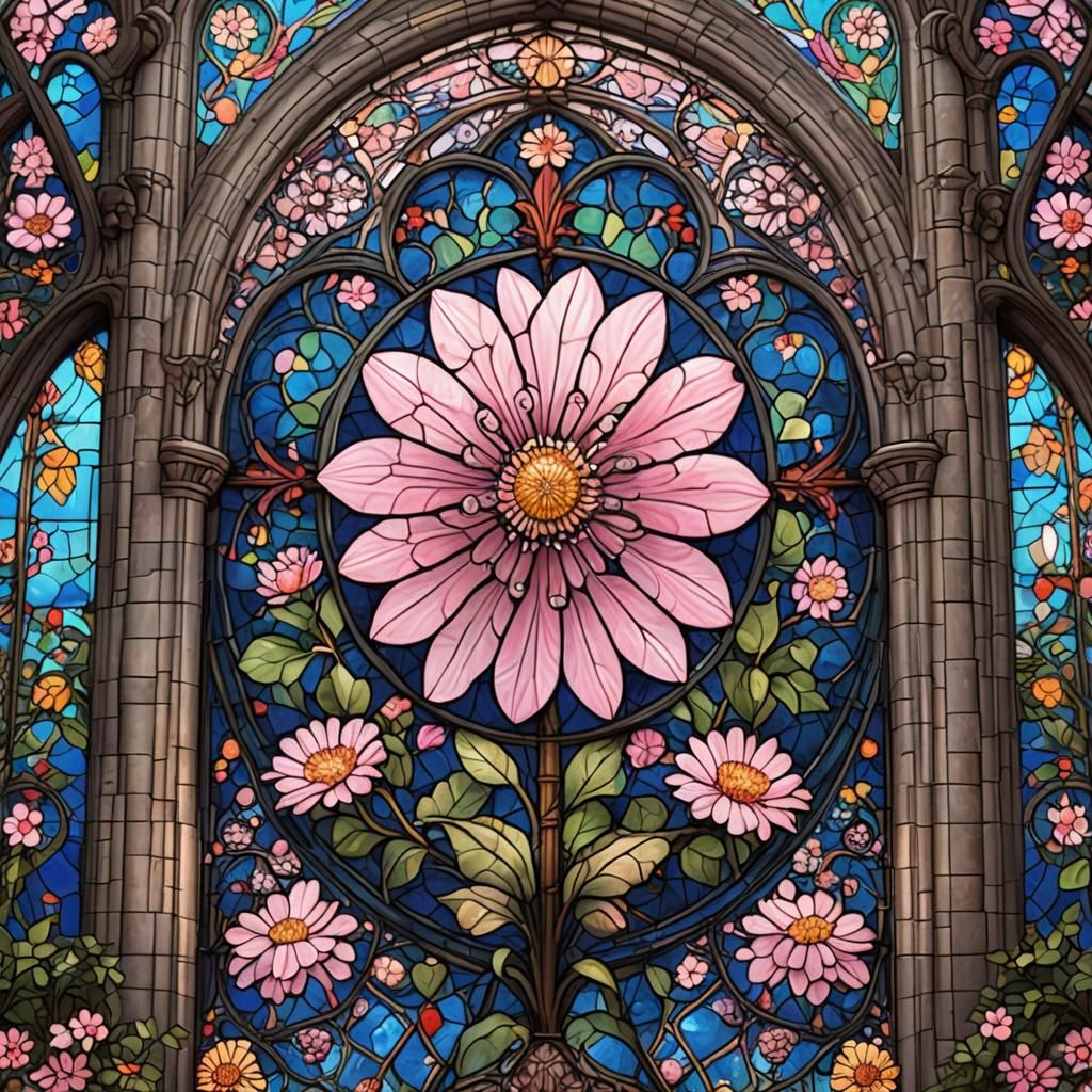 Vibrant Stained Glass Cathedral Window with Bellis Flower