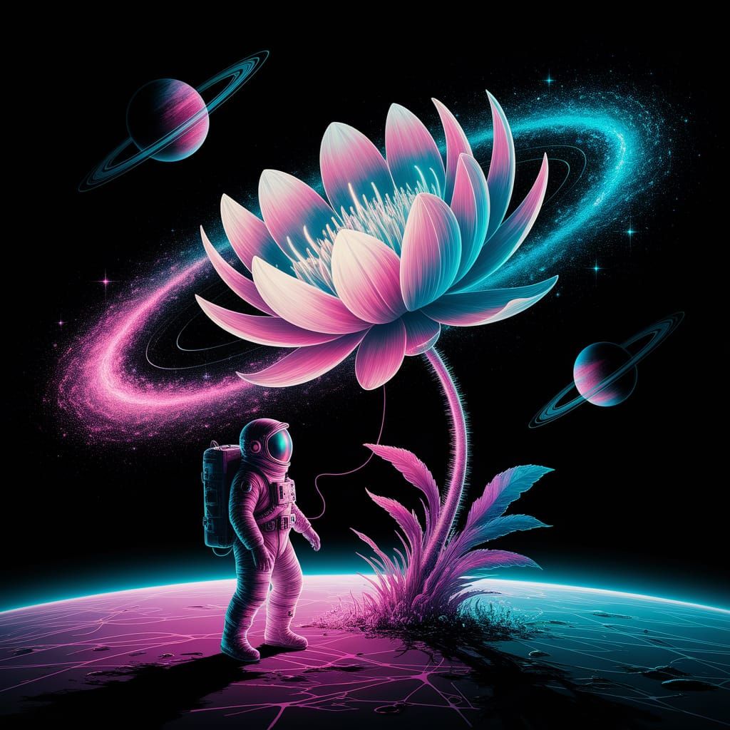 Astronaut Tethered to Cosmic Crystal Flower in Space