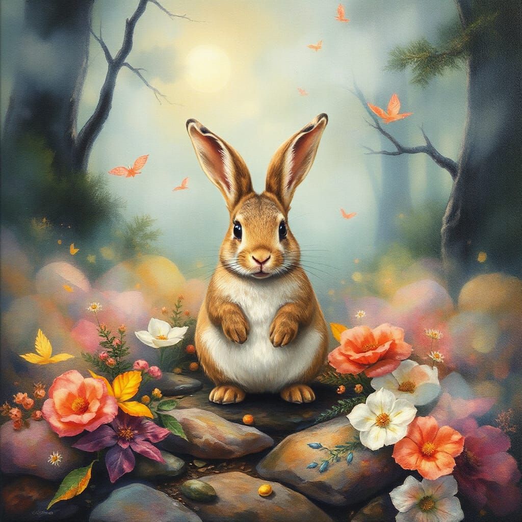 Dreamy Mist Rabbit in Mystical Forest, 3D Rendered