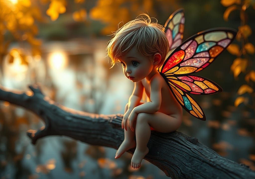 Fairy with Stained Glass Wings Above Autumn Pond