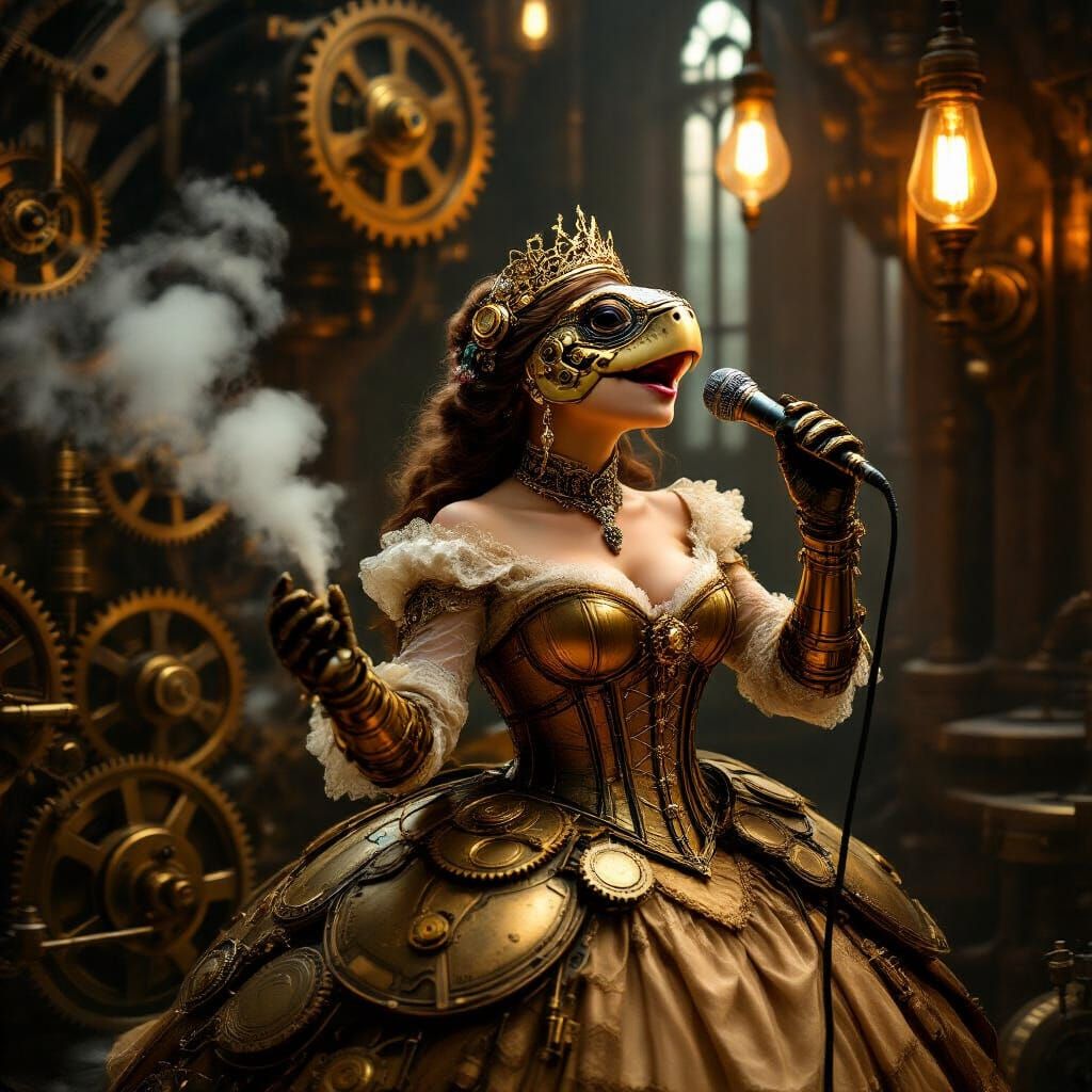 Steampunk Turtle Princess Sings in Clockwork Castle