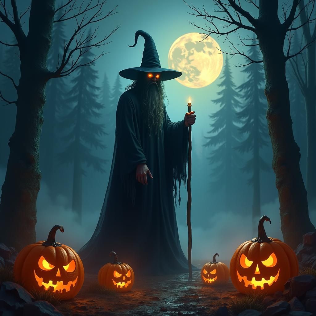 Wizard Casting Spell on Halloween Night as Matte Painting