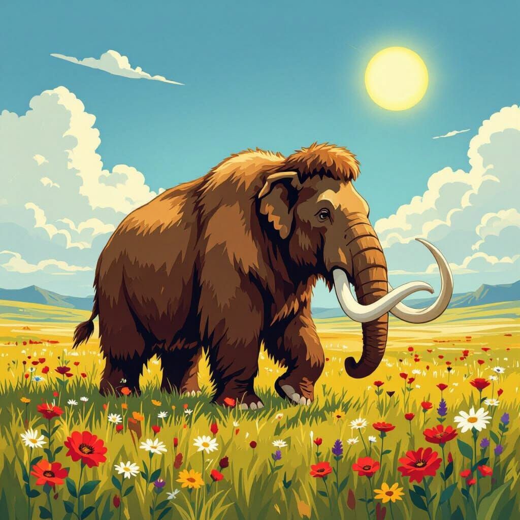Woolly Mammoth in Grassland, Stylized Illustration