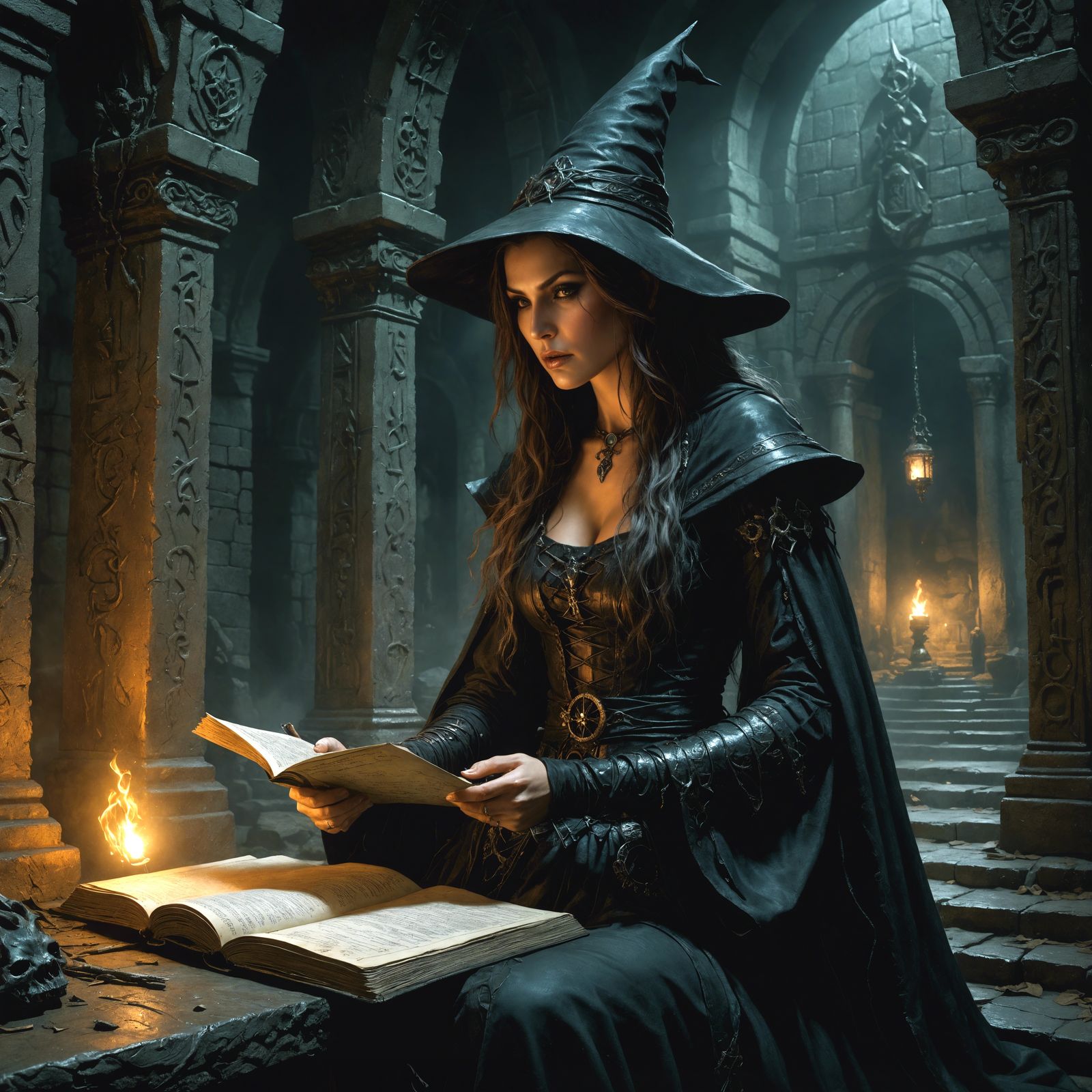 Witch Reads Inscriptions in Dark Underground Temple