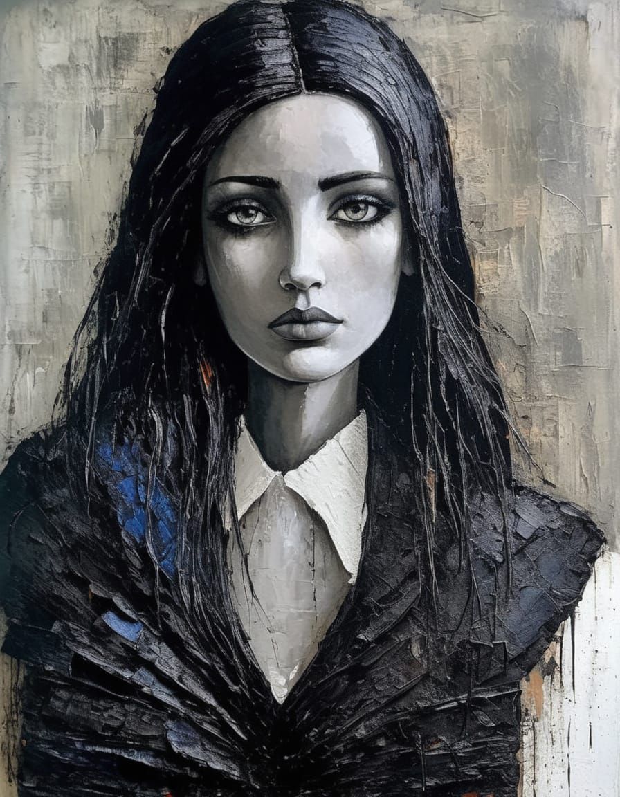 Sad Gothgirl Portrait as Impasto Painting