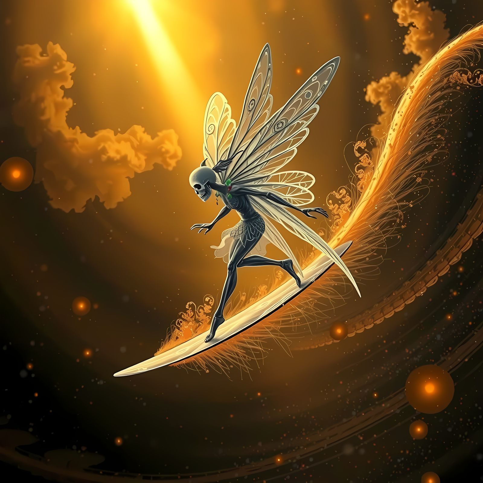 Dark Macabre Fairy Surfer in Cosmic Glow