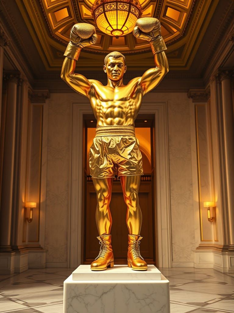Hyper-Realistic Golden Boxer Statue in Luxurious Baroque Sty...