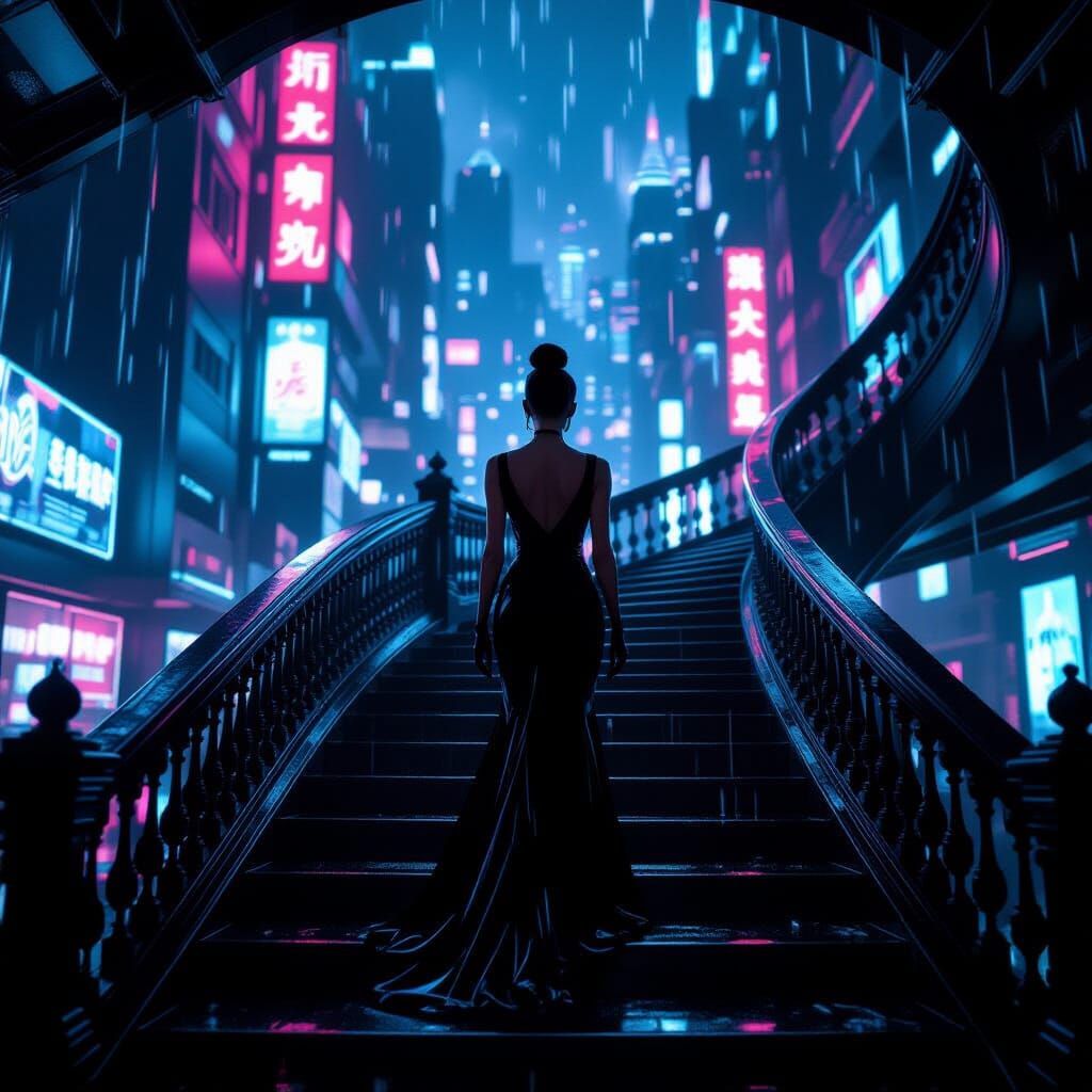 Cyberpunk Woman on Ornate Staircase in Neon City