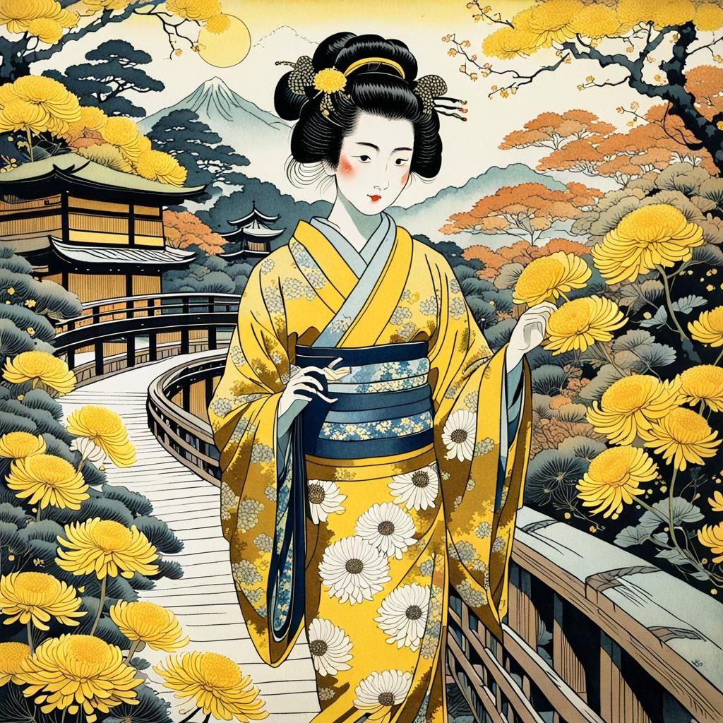 Ukiyo-e Geisha in Chrysanthemum Garden