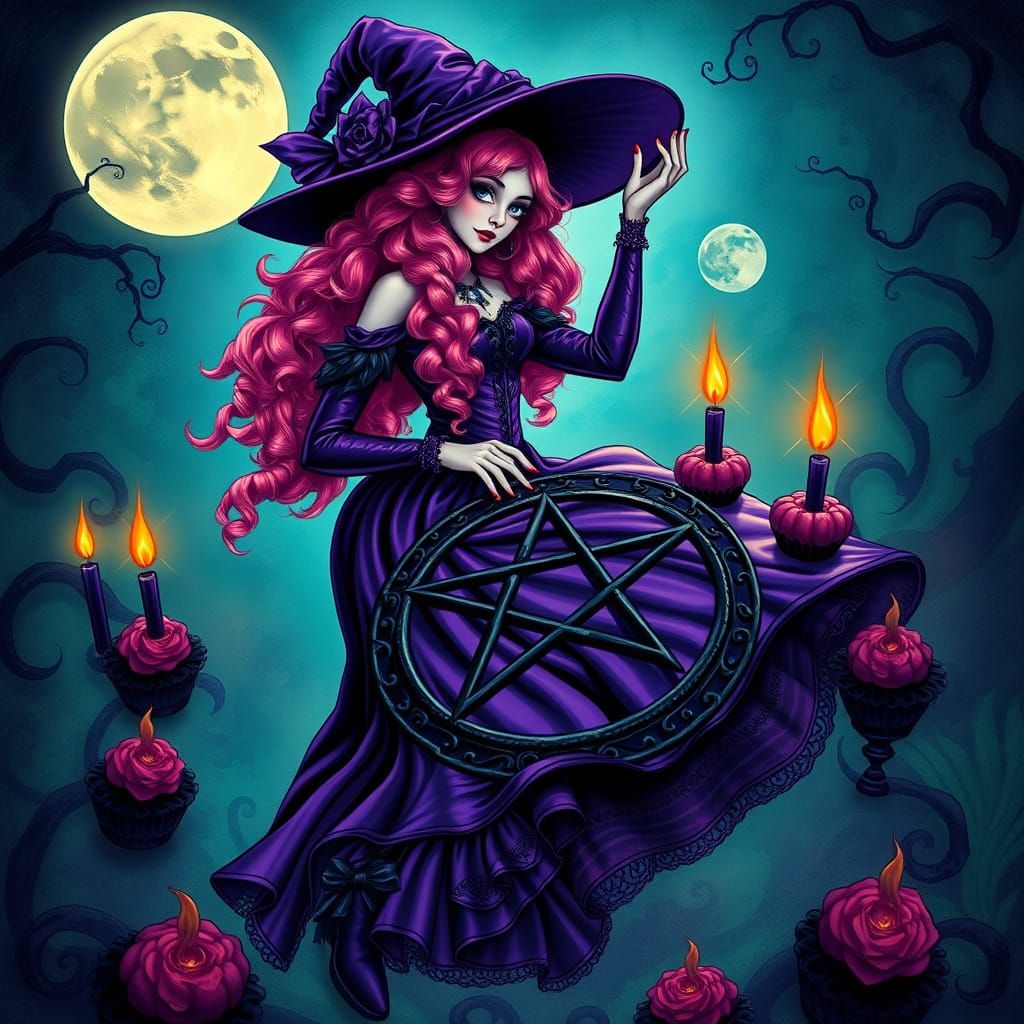 Gothic Witch Dances Under Moonlight in Art Nouveau Style