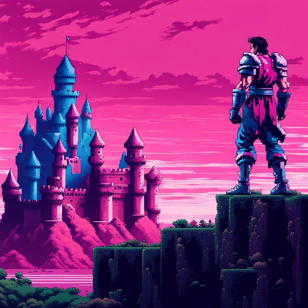8-Bit Warrior at Pink and Blue Castle