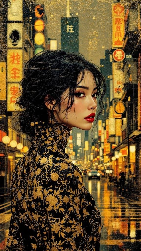 Golden Ornate Cityscape with Pin-up Asian Woman in Dramatic ...