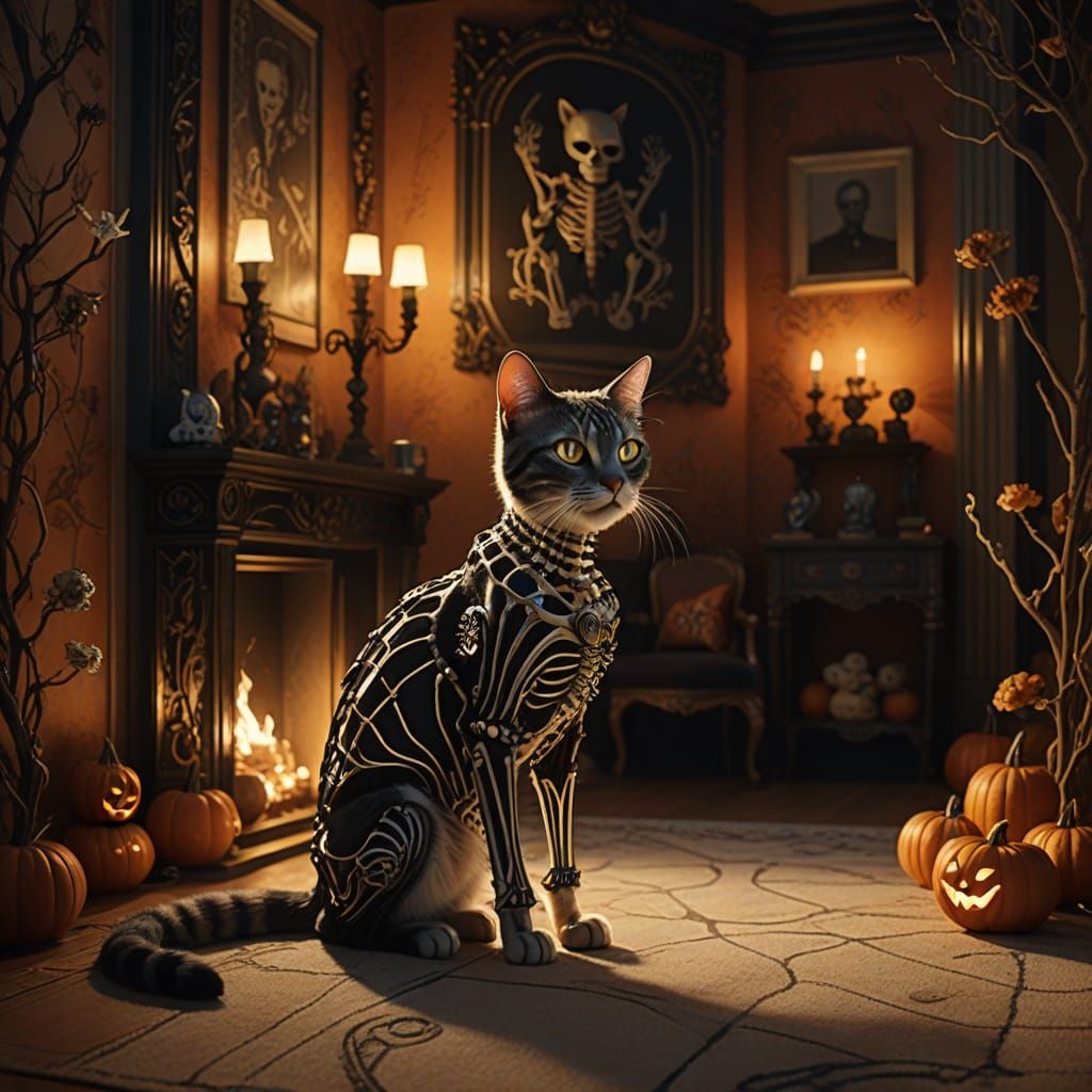 Skeleton Cat in Cozy Living Room - Art Nouveau Style