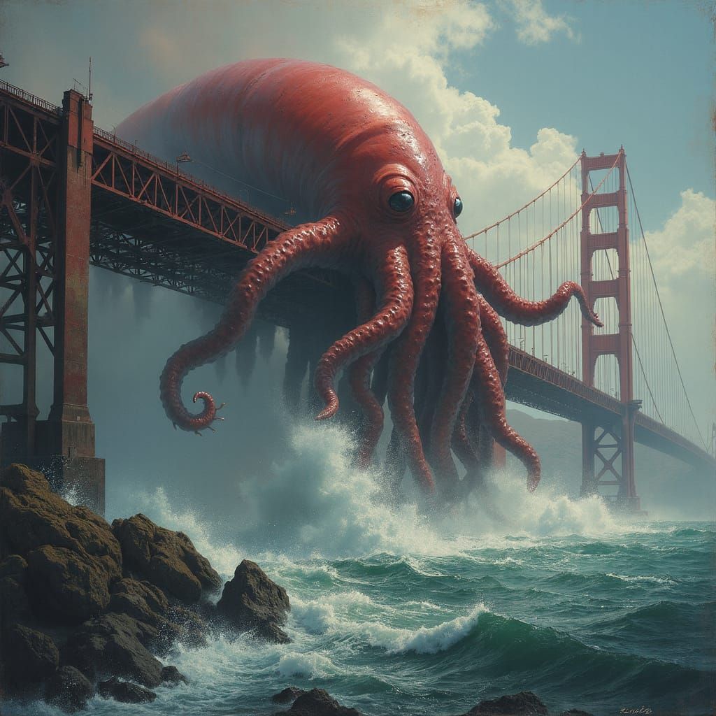 Giant Squid Devours Golden Gate Bridge in a Dark Fantasy Sce...