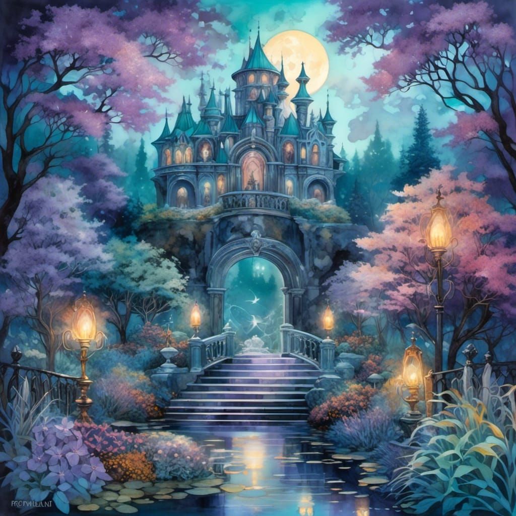 Mysterious Castle Garden at Night in Gouache and Watercolor