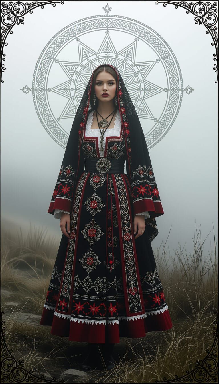 Greek Woman in Traditional Costume in Dark Landscape