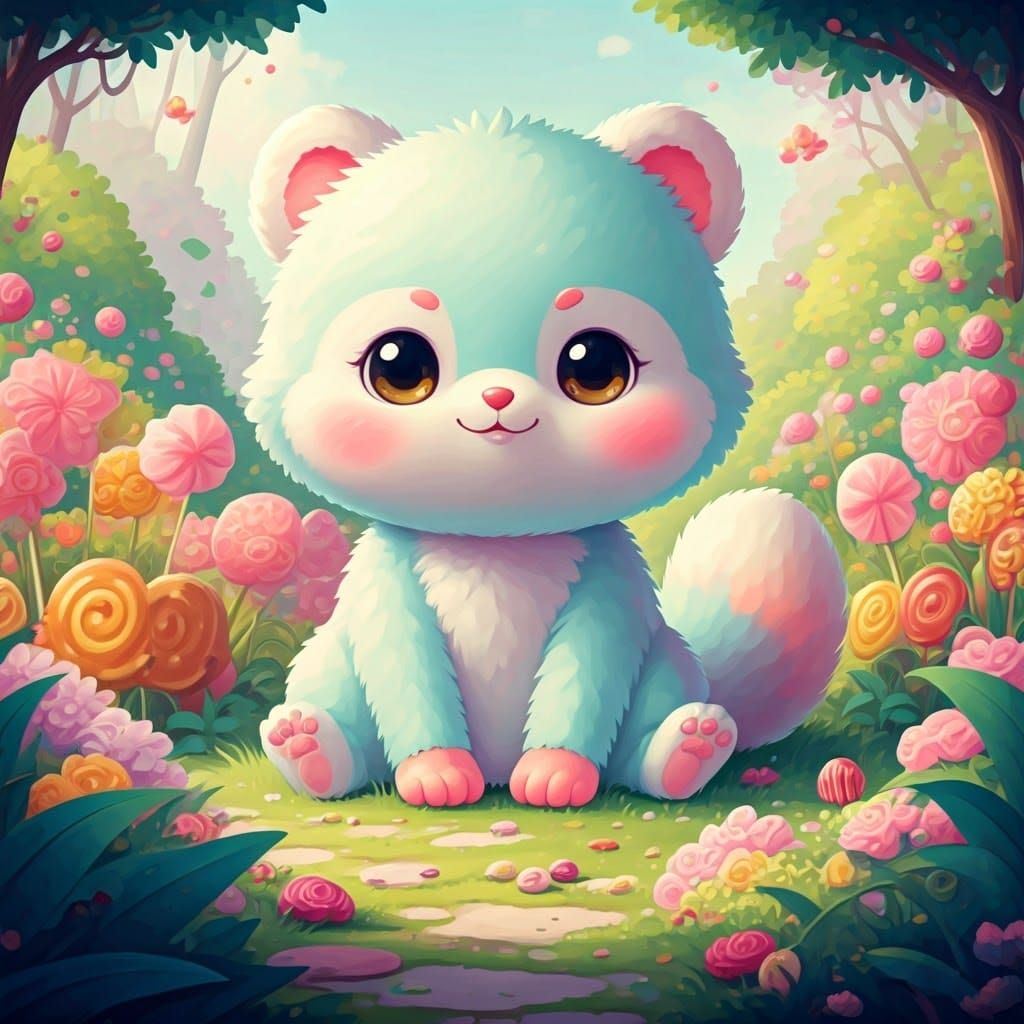 Pastel Kawaii Animals in a Flower Garden