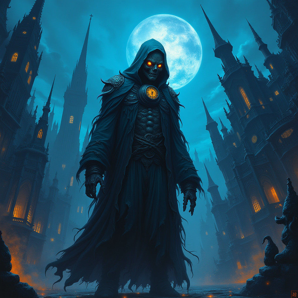 Grotesque Clock Keeper in Gothic Clockwork Metropolis